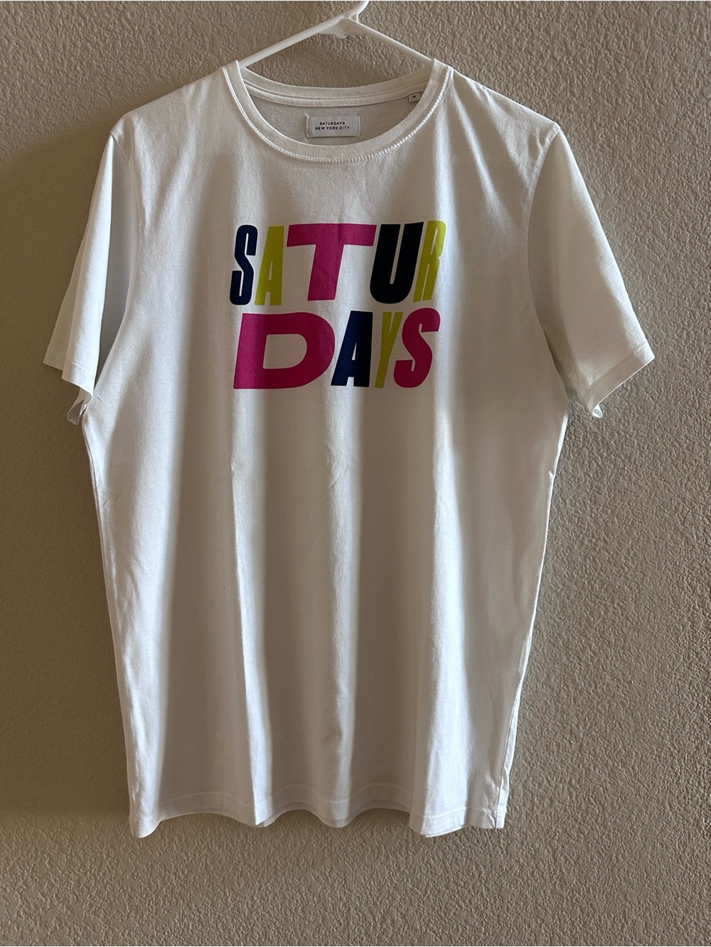 Saturdays NYC White Graphic Tee with Multicolor Block Logo